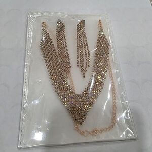 Rose-Tone Crystal V Necklace with Matching Drop Earrings
